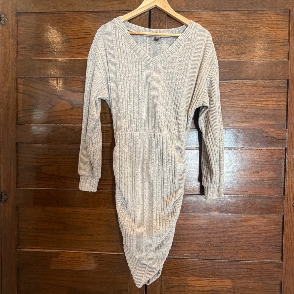✅ SHEIN medium Knit sweater V-Neck Dress tan long sleeve bodycon rouched sides